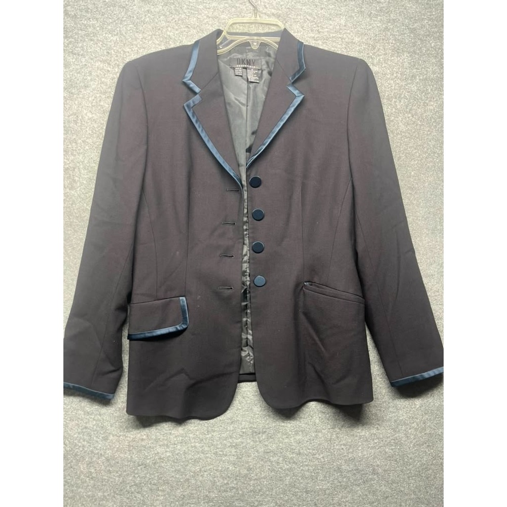 DKNY Essentials Women's Black 100% Wool Blazer Jacket Blue Trim Size 6 Lined
